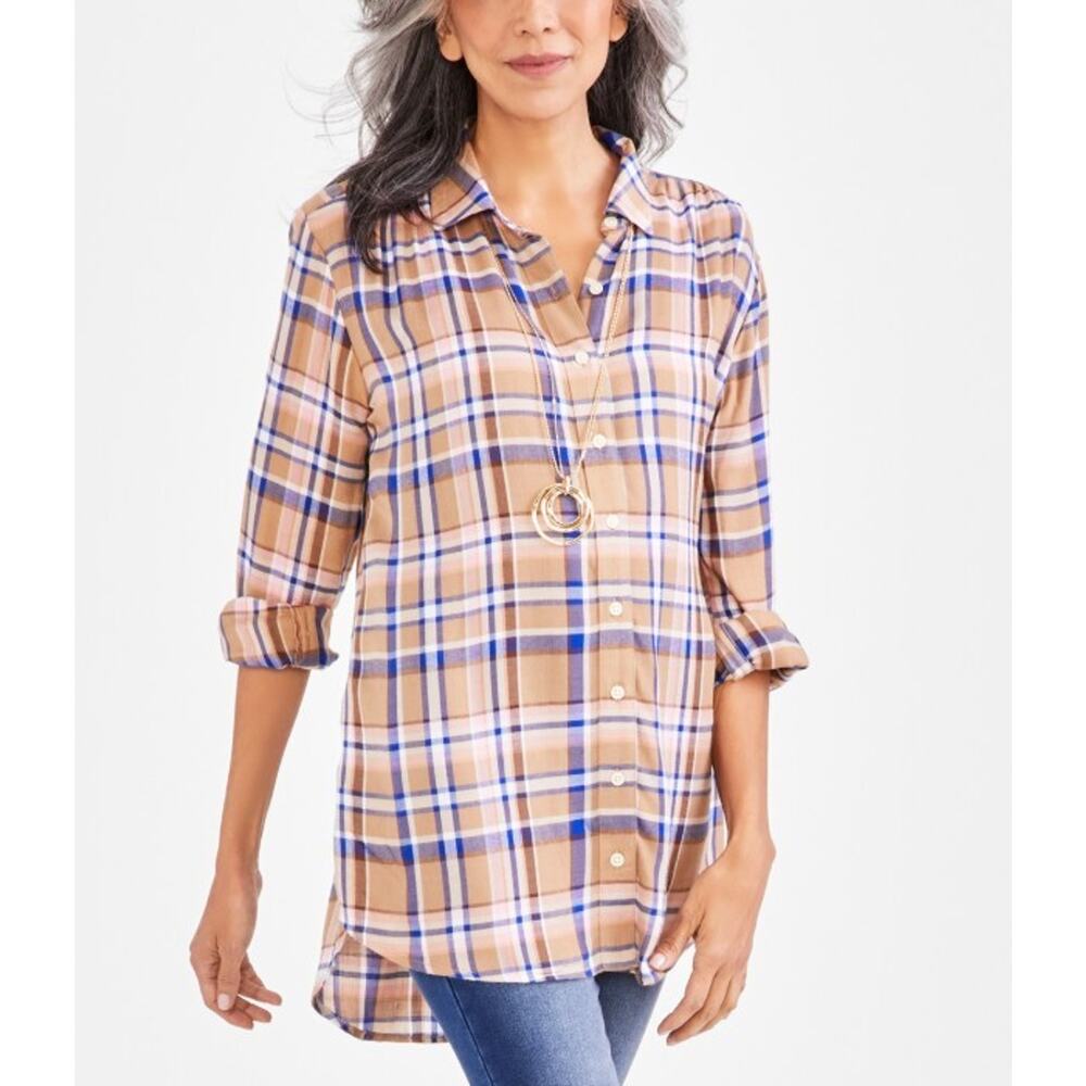 Style & Co. Women's Payton Plaid Long-Sleeve Boyfriend Tunic Top Plaid Golden
